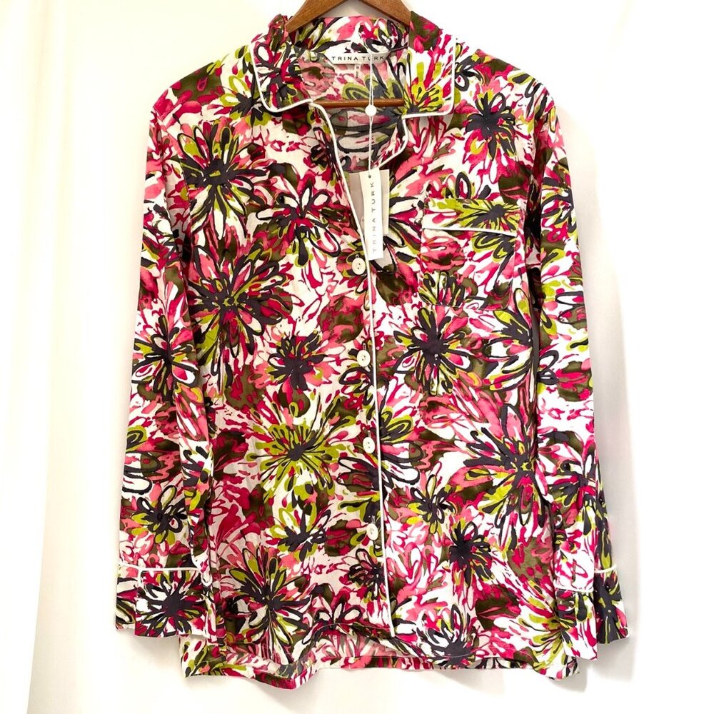 NWT Trina Turk Womens 100% Cotton Pajama PJ Top Floral Button Up Collared Comfy
